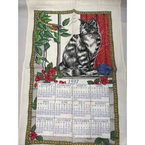 Kay Dee Designs Linen DISH TOWEL 1997 Calendar Cat In Window Blue Bird
